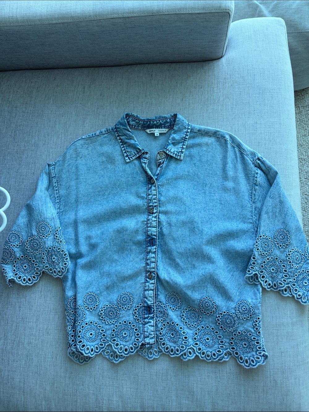 Only Light Blue Denim Button-Down Shirt with Eyelet Trim